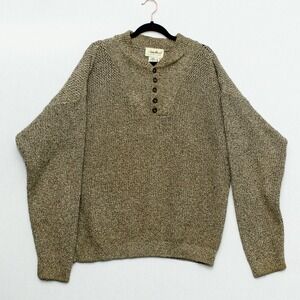 Eddie Bauer Sweater L Beige Chunky Knit Henley FLAW Eclectic Grandpa Vintage